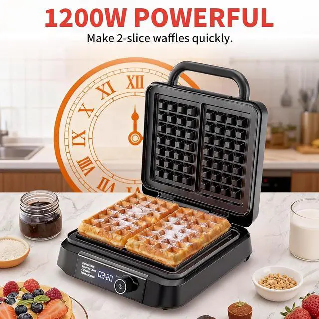 Alt view image 3 of 7 - Waffle Maker, 1400W Belgian Waffle Maker, Dual Rectangular Thick Waffle Iron, 7-Level Browning LED Panel, Nonstick Plates, Anti-spill Design, Audible Ready Beep, Easy Cleanup, Stainless Steel