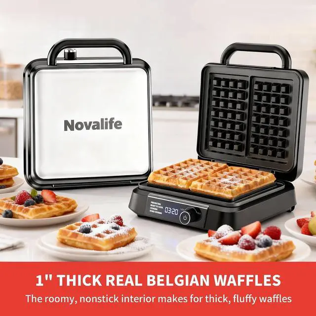 Alt view image 6 of 7 - Waffle Maker, 1400W Belgian Waffle Maker, Dual Rectangular Thick Waffle Iron, 7-Level Browning LED Panel, Nonstick Plates, Anti-spill Design, Audible Ready Beep, Easy Cleanup, Stainless Steel