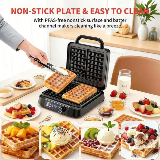 Alt view image 4 of 7 - Waffle Maker, 1400W Belgian Waffle Maker, Dual Rectangular Thick Waffle Iron, 7-Level Browning LED Panel, Nonstick Plates, Anti-spill Design, Audible Ready Beep, Easy Cleanup, Stainless Steel