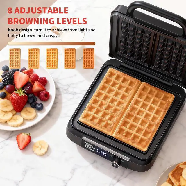 Alt view image 5 of 7 - Waffle Maker, 1400W Belgian Waffle Maker, Dual Rectangular Thick Waffle Iron, 7-Level Browning LED Panel, Nonstick Plates, Anti-spill Design, Audible Ready Beep, Easy Cleanup, Stainless Steel