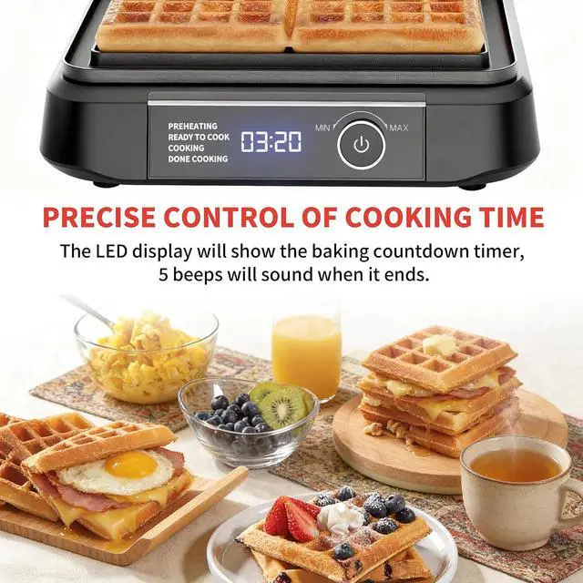 Alt view image 7 of 7 - Waffle Maker, 1400W Belgian Waffle Maker, Dual Rectangular Thick Waffle Iron, 7-Level Browning LED Panel, Nonstick Plates, Anti-spill Design, Audible Ready Beep, Easy Cleanup, Stainless Steel