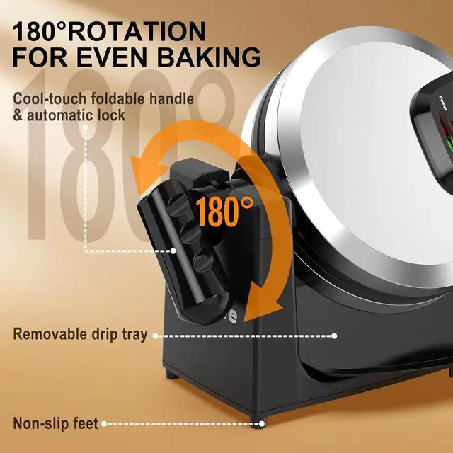 Alt view image 4 of 7 - Waffle Maker, Rotating Belgian Waffle Maker, 180° Flip Waffle Iron, Non-Stick Plate, Adjustable Browning Control, Foldable Cool Touch Handle, Removable Drip Tray, Space Saving Storage, Stainless Steel
