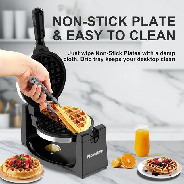 Alt view image 5 of 7 - Waffle Maker, Rotating Belgian Waffle Maker, 180° Flip Waffle Iron, Non-Stick Plate, Adjustable Browning Control, Foldable Cool Touch Handle, Removable Drip Tray, Space Saving Storage, Stainless Steel