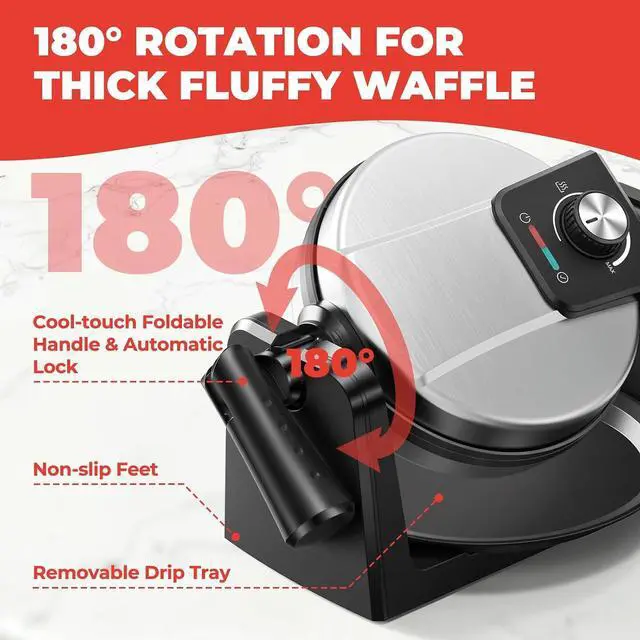 Alt view image 4 of 7 - Waffle Maker, Rotating Belgian Waffle Maker, 180° Flip Waffle Iron, Non-Stick Plate, Adjustable Browning Control, Foldable Cool Touch Handle, Removable Drip Tray, Space Saving Storage, Stainless Steel