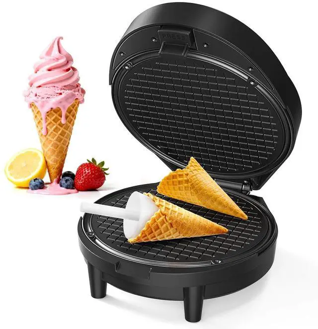 Main image of Waffle Cone Maker and Ice Cream Cone Maker with Cone Roller, 1000W Double Side Even Heating Thin Waffle Maker, Makes Crispy Waffle Cones, 7.5" Nonstick Plate Egg Roll Maker, Easy to Clean, Black
