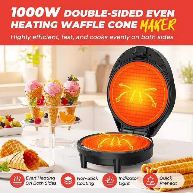 Alt view image 2 of 7 - Waffle Cone Maker and Ice Cream Cone Maker with Cone Roller, 1000W Double Side Even Heating Thin Waffle Maker, Makes Crispy Waffle Cones, 7.5" Nonstick Plate Egg Roll Maker, Easy to Clean, Black