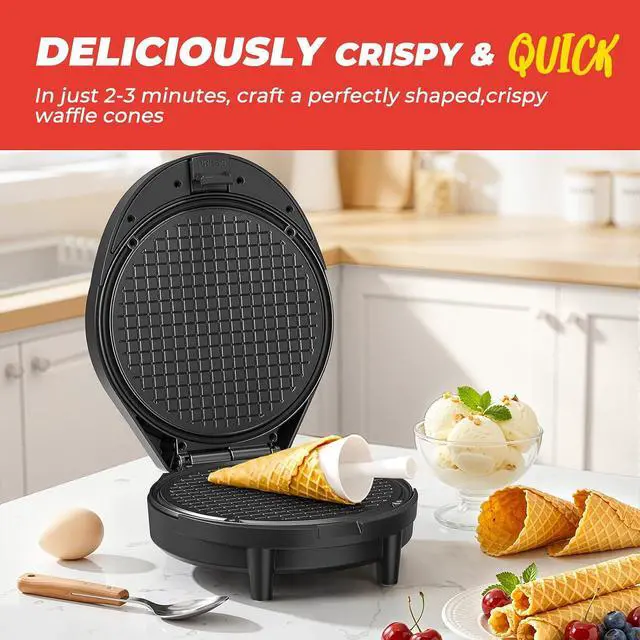 Alt view image 3 of 7 - Waffle Cone Maker and Ice Cream Cone Maker with Cone Roller, 1000W Double Side Even Heating Thin Waffle Maker, Makes Crispy Waffle Cones, 7.5" Nonstick Plate Egg Roll Maker, Easy to Clean, Black