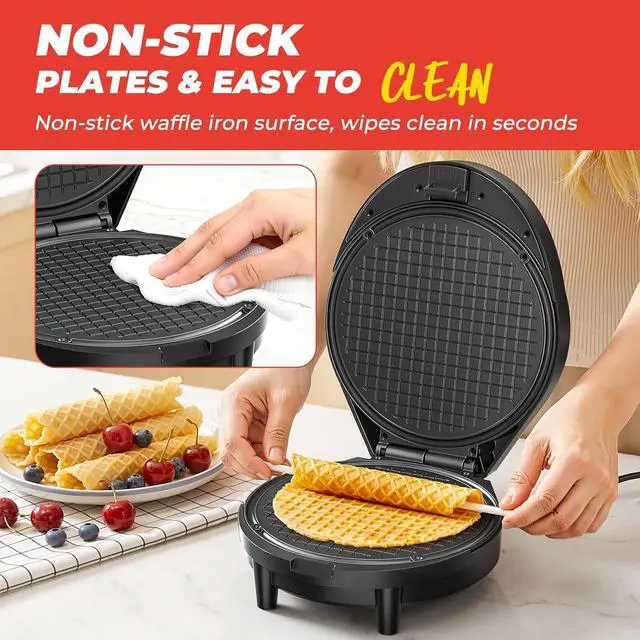 Alt view image 4 of 7 - Waffle Cone Maker and Ice Cream Cone Maker with Cone Roller, 1000W Double Side Even Heating Thin Waffle Maker, Makes Crispy Waffle Cones, 7.5" Nonstick Plate Egg Roll Maker, Easy to Clean, Black