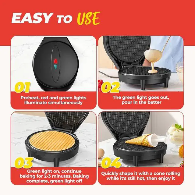 Alt view image 5 of 7 - Waffle Cone Maker and Ice Cream Cone Maker with Cone Roller, 1000W Double Side Even Heating Thin Waffle Maker, Makes Crispy Waffle Cones, 7.5" Nonstick Plate Egg Roll Maker, Easy to Clean, Black