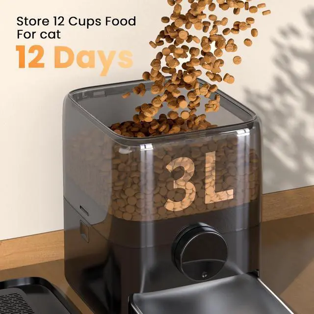 Alt view image 6 of 7 - PF05 Automatic Cat Feeder, 12 Cups/3L Programmable Cat Food Dispenser, Timed Feeders for Dry Food, Black
