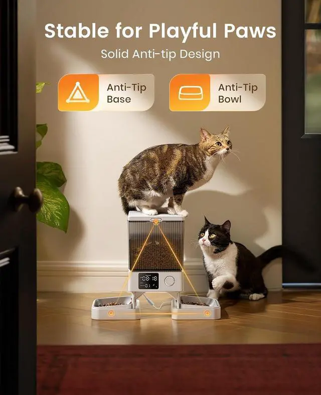 Alt view image 5 of 7 - Automatic Cat Feeder for 2 Cats Pets, Timed Cat Food Dispenser | 20 Cups/5L, Prevent Fighting, Precise Portion, Balanced Dispense, Non-Slip & Stable, Voice Recorder, Stainless Steel Bowls