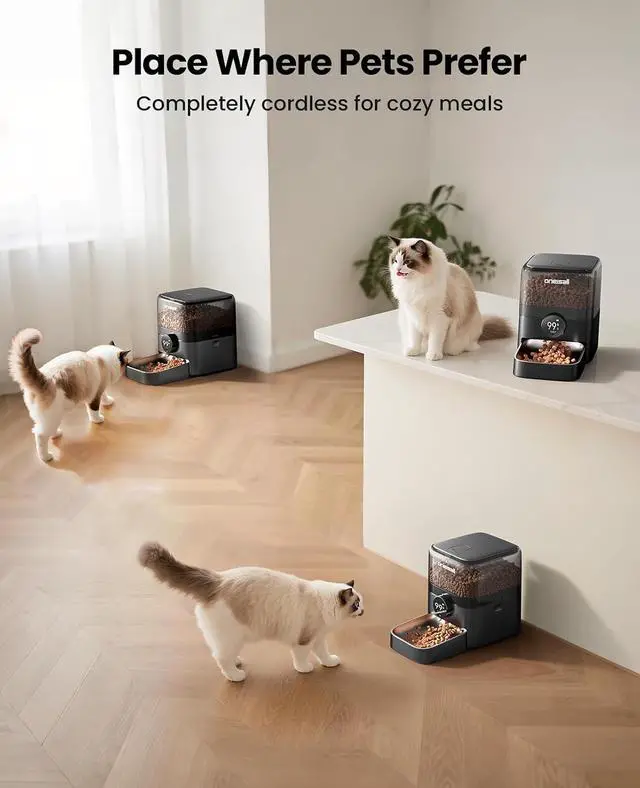 Alt view image 4 of 7 - Cordless Cat Feeder with WiFi | Rechargeable 100-Day Battery Operated, 12 Cups/3L, Dry Food Dispenser, Large Kibble, Smart App Control, Black