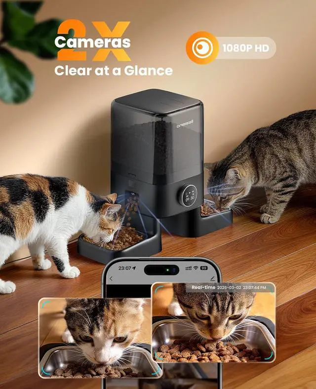 Alt view image 2 of 7 - Automatic Cat Feeder with Camera for 2 Cats Pets, 20 Cups/5L | 5G Wi-Fi, Dual Cameras, HD Night Vision, 2-Way Audio, Motion-Activated Alerts, APP Remote Control, Feed Now, Feeding Logs