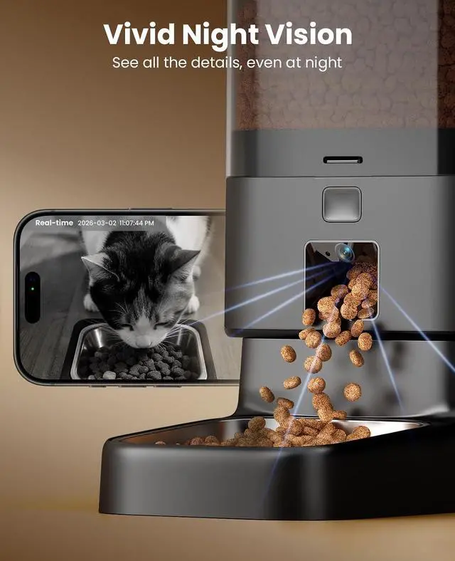 Alt view image 3 of 7 - Automatic Cat Feeder with Camera for 2 Cats Pets, 20 Cups/5L | 5G Wi-Fi, Dual Cameras, HD Night Vision, 2-Way Audio, Motion-Activated Alerts, APP Remote Control, Feed Now, Feeding Logs