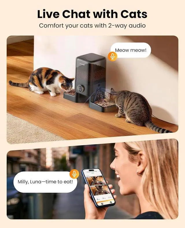 Alt view image 4 of 7 - Automatic Cat Feeder with Camera for 2 Cats Pets, 20 Cups/5L | 5G Wi-Fi, Dual Cameras, HD Night Vision, 2-Way Audio, Motion-Activated Alerts, APP Remote Control, Feed Now, Feeding Logs