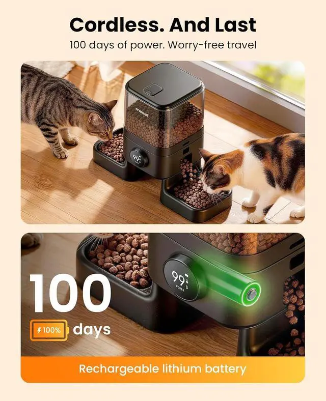 Alt view image 2 of 7 - 2.4G Cordless Automatic Cat Feeder, 20 Cups/5L | 100-Day Rechargeable Battery Life, Time Meal, App Remote Control, Large Kibble, Timed Meals, Feed Now, Precise Portions