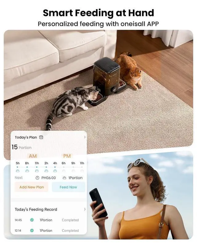 Alt view image 3 of 7 - 2.4G Cordless Automatic Cat Feeder, 20 Cups/5L | 100-Day Rechargeable Battery Life, Time Meal, App Remote Control, Large Kibble, Timed Meals, Feed Now, Precise Portions