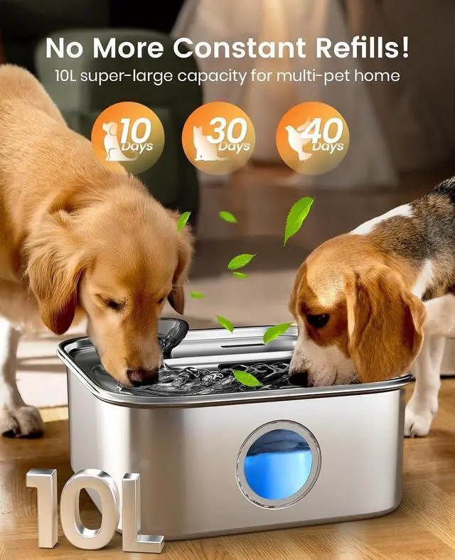 Alt view image 2 of 7 - 10L/2.6Gal Dog Water Fountain for Large Dogs (with 1 Filter) | Deeper & Wider Drinking Area, Visualization Window & Triple Filtration,304 Stainless Steel Dog Water Bowl Dispenser