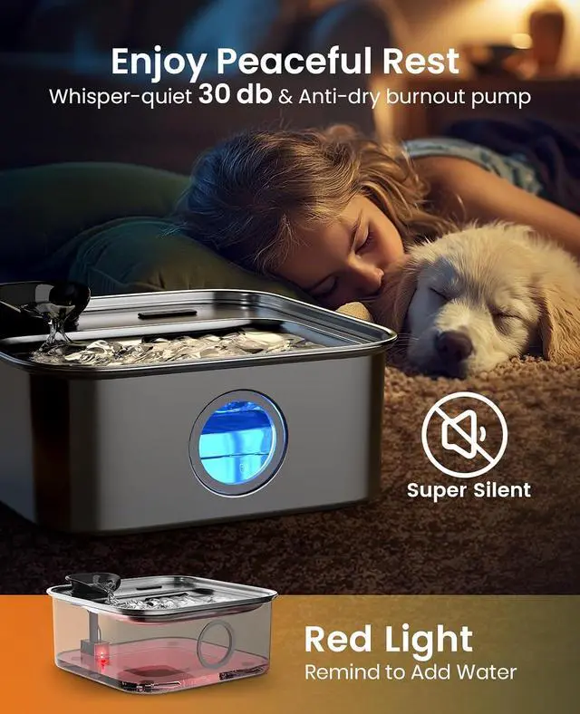 Alt view image 5 of 7 - 10L/2.6Gal Dog Water Fountain for Large Dogs (with 1 Filter) | Deeper & Wider Drinking Area, Visualization Window & Triple Filtration,304 Stainless Steel Dog Water Bowl Dispenser