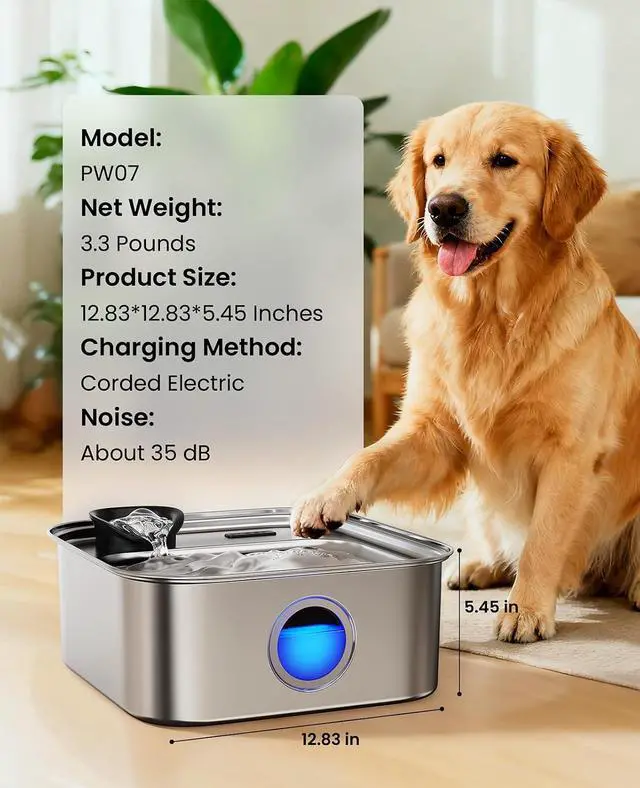 Alt view image 7 of 7 - 10L/2.6Gal Dog Water Fountain for Large Dogs (with 1 Filter) | Deeper & Wider Drinking Area, Visualization Window & Triple Filtration,304 Stainless Steel Dog Water Bowl Dispenser