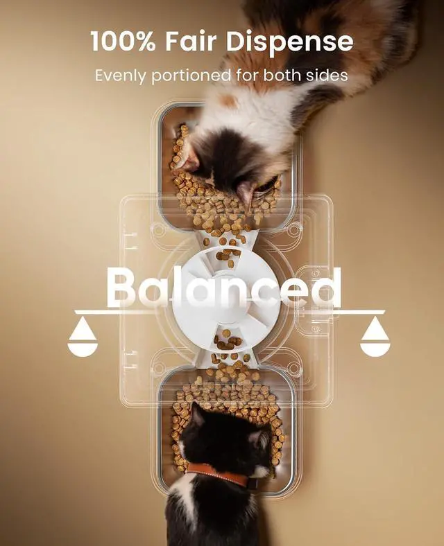Alt view image 3 of 7 - Automatic Cat Feeder for 2 Cats Pets, Timed Cat Food Dispenser | 20 Cups/5L, Prevent Fighting, Precise Portion, Balanced Dispense, Non-Slip & Stable, Voice Recorder, Stainless Steel Bowls
