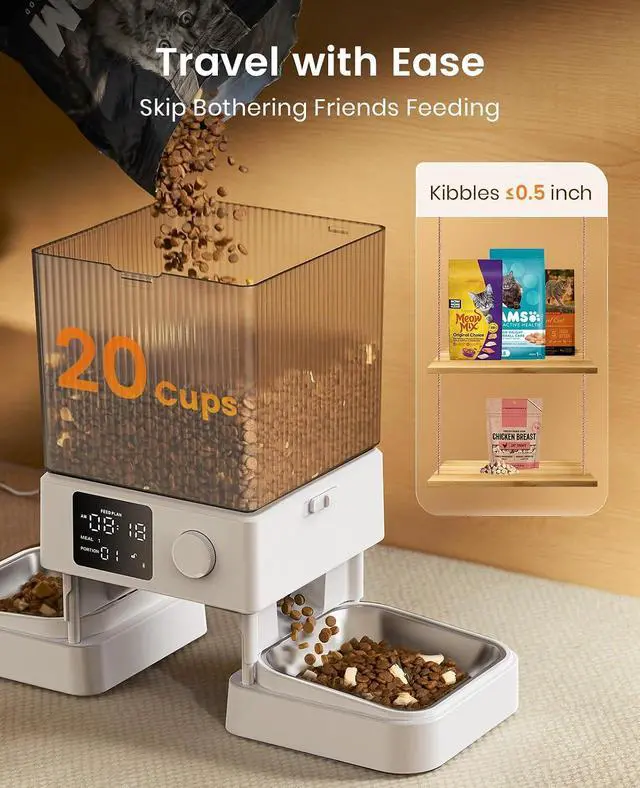 Alt view image 4 of 7 - Automatic Cat Feeder for 2 Cats Pets, Timed Cat Food Dispenser | 20 Cups/5L, Prevent Fighting, Precise Portion, Balanced Dispense, Non-Slip & Stable, Voice Recorder, Stainless Steel Bowls