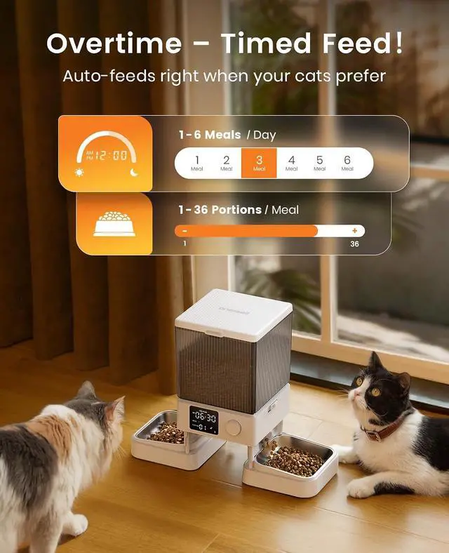 Alt view image 7 of 7 - Automatic Cat Feeder for 2 Cats Pets, Timed Cat Food Dispenser | 20 Cups/5L, Prevent Fighting, Precise Portion, Balanced Dispense, Non-Slip & Stable, Voice Recorder, Stainless Steel Bowls