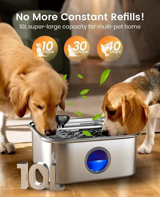 Alt view image 2 of 7 - 10L/2.6Gal Dog Water Fountain for Large Dogs (with 6 Filters) | Deeper & Wider Drinking Area, Visualization Water Window & Triple Filtration,304 Stainless Steel