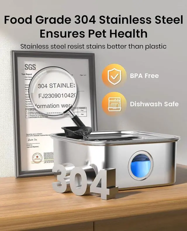 Alt view image 7 of 7 - 10L/2.6Gal Dog Water Fountain for Large Dogs (with 6 Filters) | Deeper & Wider Drinking Area, Visualization Water Window & Triple Filtration,304 Stainless Steel