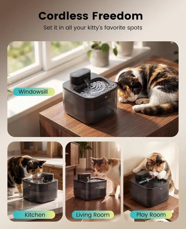 Alt view image 2 of 7 - 2.2L/74oz Wireless Cat Water Fountain | True Cordless,Ultra Quiet SilentFlow Pump,3 Flow Modes,Easy to Clean(3-Piece Design),4000mAh Rechargeable,5-Layer Filter