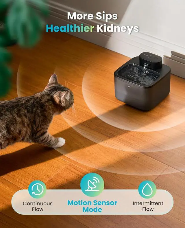 Alt view image 7 of 7 - 2.2L/74oz Wireless Cat Water Fountain | True Cordless,Ultra Quiet SilentFlow Pump,3 Flow Modes,Easy to Clean(3-Piece Design),4000mAh Rechargeable,5-Layer Filter