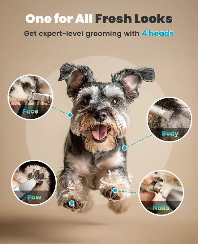 Alt view image 2 of 7 - 4 in 1 Dog Grooming Kit with LCD Display | Paw Hair Trimmer & Nail Grinder, Rechargeable, Cordless, Low Noise, IPX7 Waterproof, 3 Speeds Pet Grooming Clippers