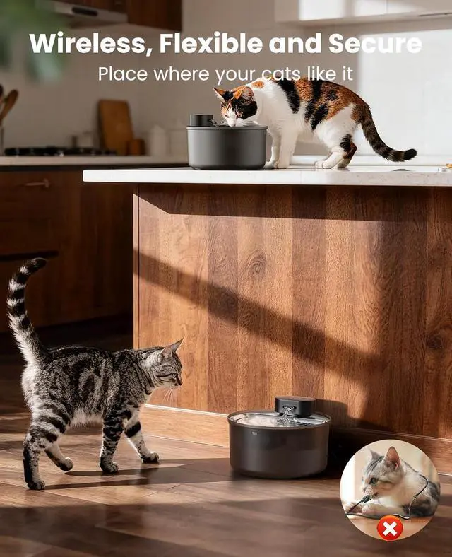 Alt view image 2 of 7 - 108oz/3.2L Cordless Cat Water Fountain for Cats & Small Dogs | Ultra Quiet,Stainless Steel Tray,Rechargeable 45-day Battery,3 Flow Modes(Motion sensor),5-layer Filter,Display Indicator