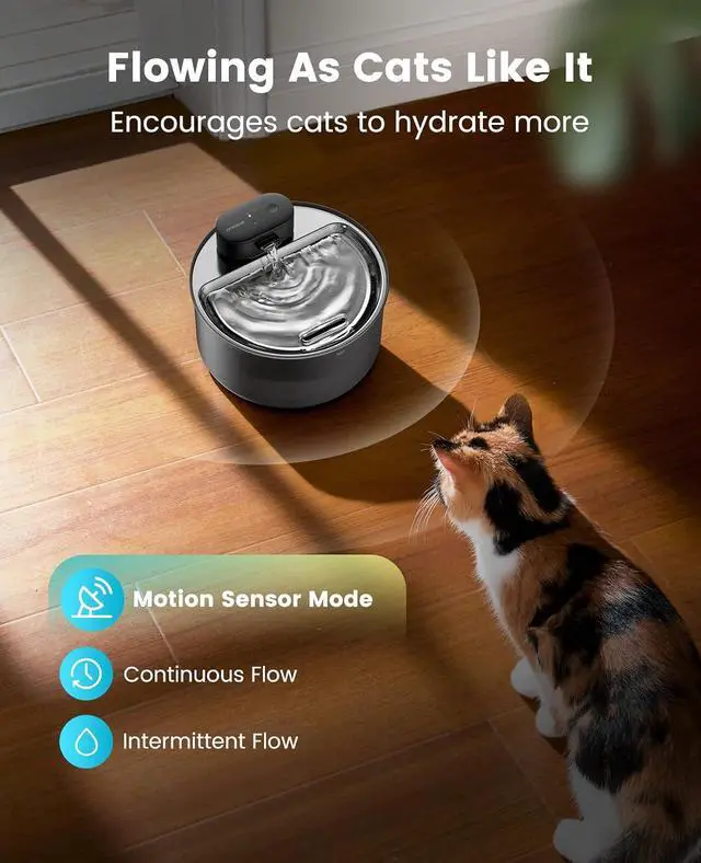 Alt view image 3 of 7 - 108oz/3.2L Cordless Cat Water Fountain for Cats & Small Dogs | Ultra Quiet,Stainless Steel Tray,Rechargeable 45-day Battery,3 Flow Modes(Motion sensor),5-layer Filter,Display Indicator