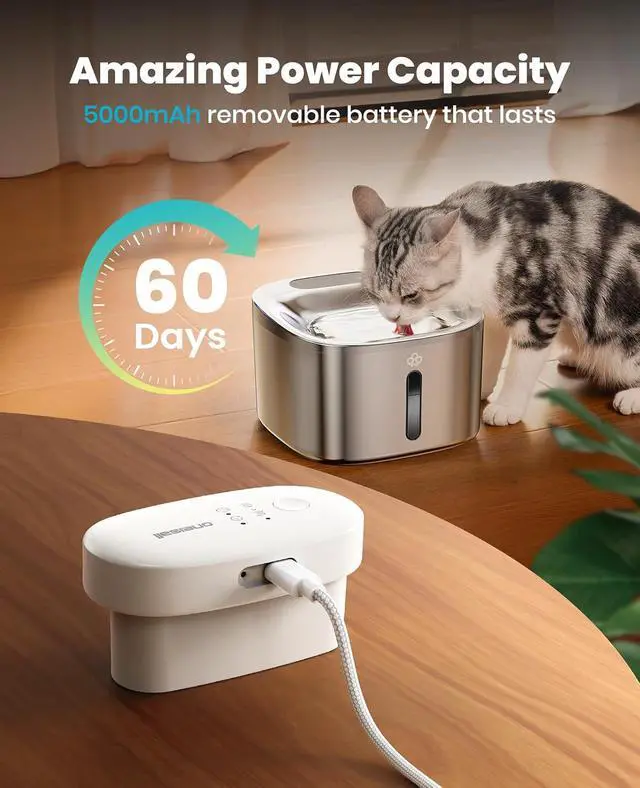 Alt view image 3 of 7 - Wireless Cat Water Fountain, 3.5L/118oz Battery Operated Pet Drinking Fountain Stainless Steel, Running Water Dispenser Fountains for Cats, Cordless&Rechargeable with Motion Sensor(Hale 3.5L)