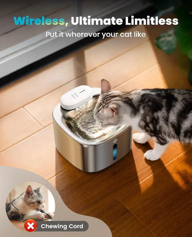 Alt view image 2 of 7 - Wireless Cat Water Fountain, 3.5L/118oz Battery Operated Pet Drinking Fountain Stainless Steel, Running Water Dispenser Fountains for Cats, Cordless&Rechargeable with Motion Sensor(Hale 3.5L)