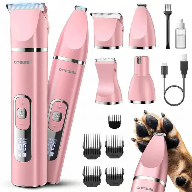 Main image of 4 in 1 Dog Grooming Kit with LCD Display Pink | Paw Hair Trimmer & Nail Grinder, Rechargeable, Cordless, Low Noise, IPX7 Waterproof, 3 Speeds Pet Grooming Clippers