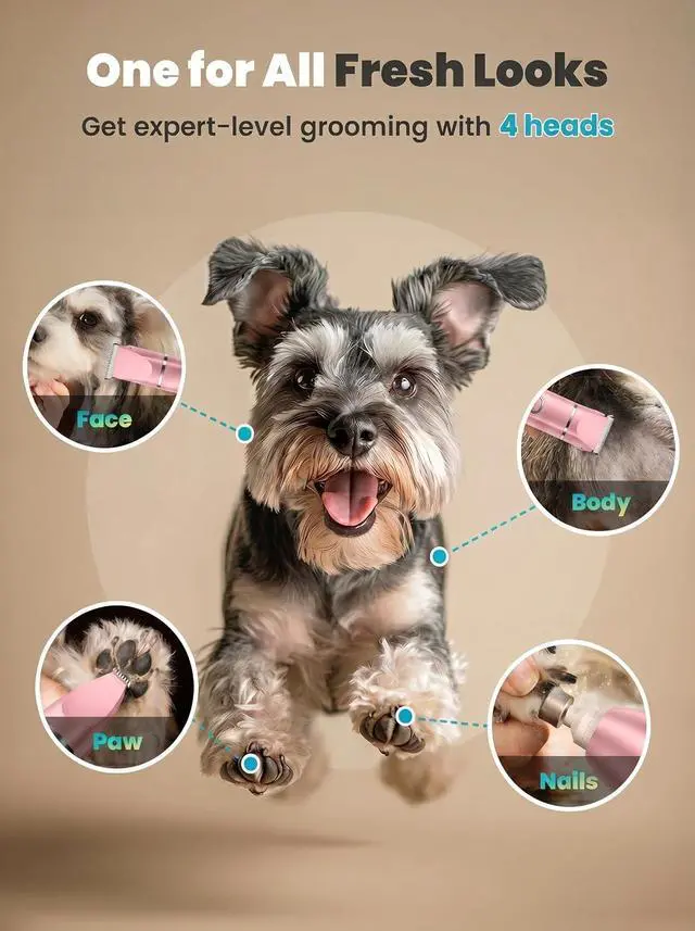 Alt view image 2 of 7 - 4 in 1 Dog Grooming Kit with LCD Display Pink | Paw Hair Trimmer & Nail Grinder, Rechargeable, Cordless, Low Noise, IPX7 Waterproof, 3 Speeds Pet Grooming Clippers