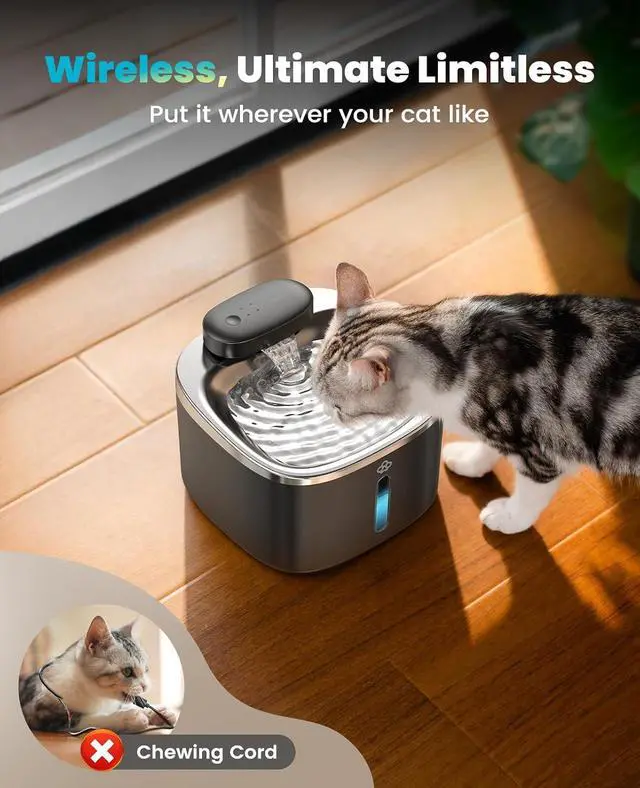 Alt view image 2 of 7 - Cat Water Fountain, 3.5L/118oz Battery Operated Pet Fountain Stainless Steel, Automatic Water Fountains for Cats Indoor, Rechargeable (Hale 3.5L Black Color)