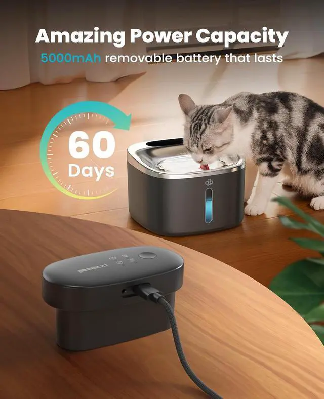 Alt view image 4 of 7 - Cat Water Fountain, 3.5L/118oz Battery Operated Pet Fountain Stainless Steel, Automatic Water Fountains for Cats Indoor, Rechargeable (Hale 3.5L Black Color)
