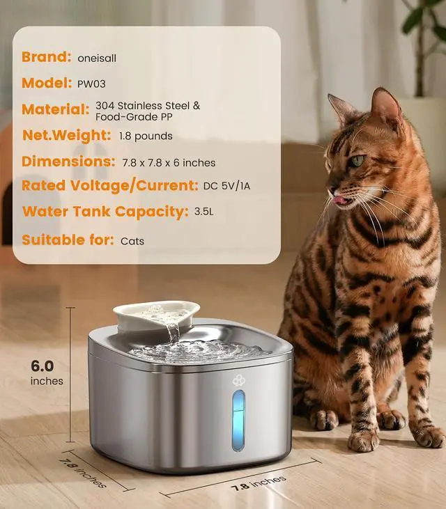 Alt view image 3 of 7 - Cat Water Fountain, 3.5L/118oz Battery Operated Pet Fountain Stainless Steel, Automatic Water Fountains for Cats Indoor, Rechargeable (Hale 3.5L Black Color)