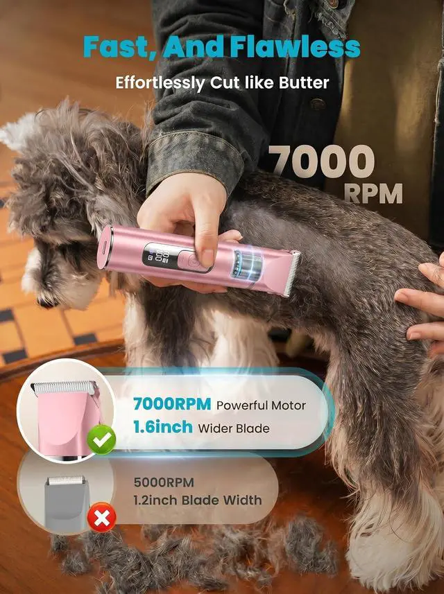 Alt view image 7 of 7 - 4 in 1 Dog Grooming Kit with LCD Display Pink | Paw Hair Trimmer & Nail Grinder, Rechargeable, Cordless, Low Noise, IPX7 Waterproof, 3 Speeds Pet Grooming Clippers
