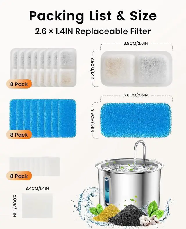 Alt view image 2 of 7 - 8 Pack Replacement Filters for PWF-001 2L/67oz Cat Water Fountain Stainless Steel Water Fountain for Cats Inside, 3 Filtration System