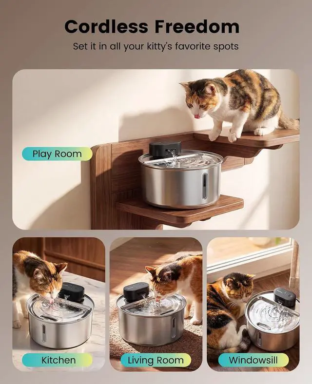 Alt view image 2 of 7 - 108oz/3.2L Wireless Stainless Steel Cat Water Fountain | True Cordless,Ultra Quiet,4000mAh Rechargeable Battery Operated,3 Flow Modes with Sensor,Easy to Clean(3-Piece Only),5-Layer