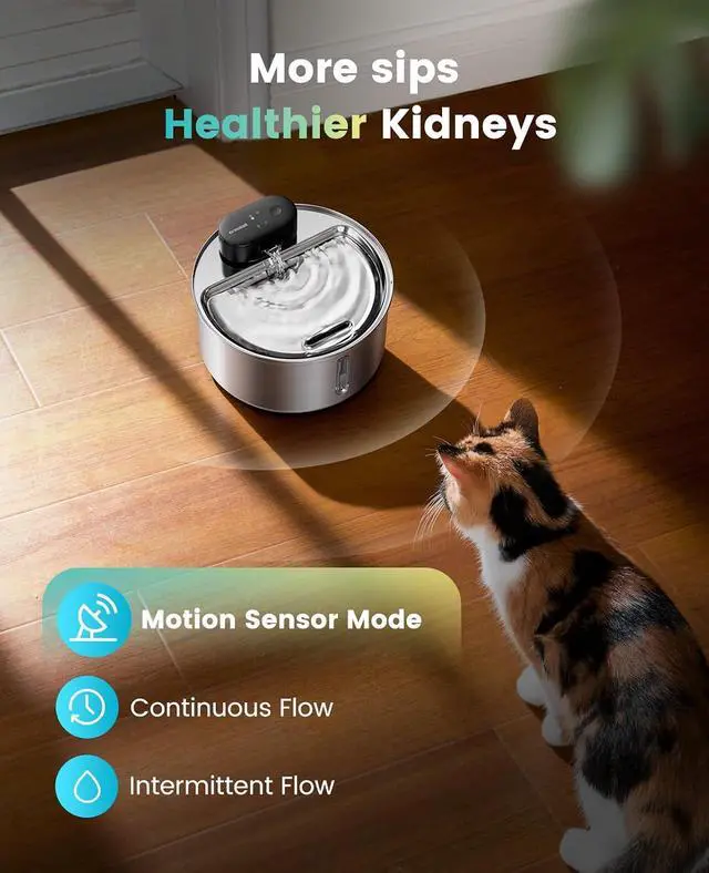 Alt view image 6 of 7 - 108oz/3.2L Wireless Stainless Steel Cat Water Fountain | True Cordless,Ultra Quiet,4000mAh Rechargeable Battery Operated,3 Flow Modes with Sensor,Easy to Clean(3-Piece Only),5-Layer