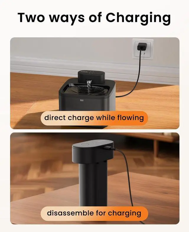 Alt view image 2 of 7 - 108oz/3.2L Wireless Cat Water Fountain, Dual Water Pumps (1 for Daily Use, 1 as Backup), Replaceable Rechargeable Battery Module