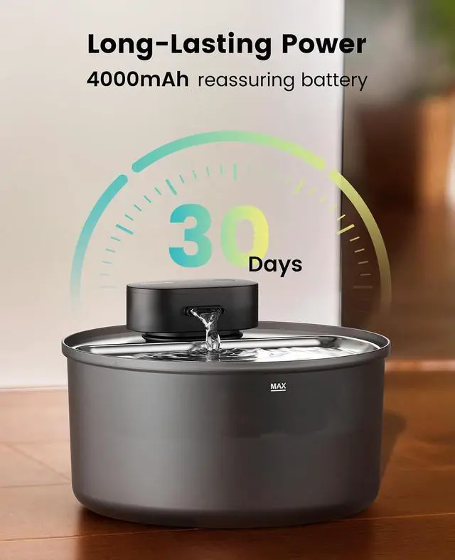 Alt view image 3 of 7 - 108oz/3.2L Wireless Cat Water Fountain, Dual Water Pumps (1 for Daily Use, 1 as Backup), Replaceable Rechargeable Battery Module