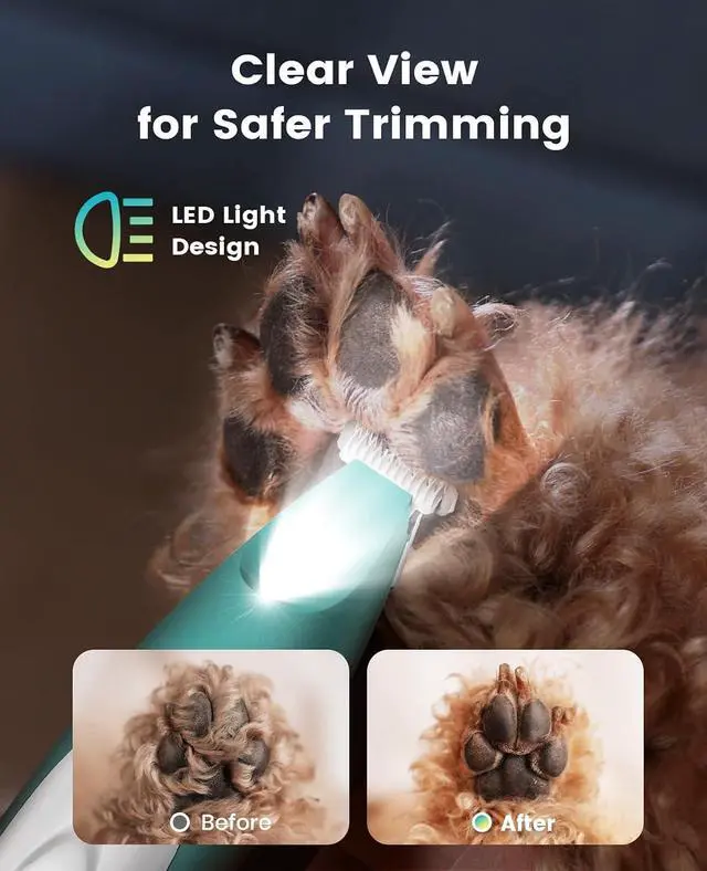 Alt view image 4 of 7 - Low-Noise Dog Paw Trimmer with LED Light (Green) | 35dB Quiet, 0.8inch Safe Blade for Paws, Ears, Face & Rump, Cordless, Pet Paw Grooming Clippers for Dogs & Cats