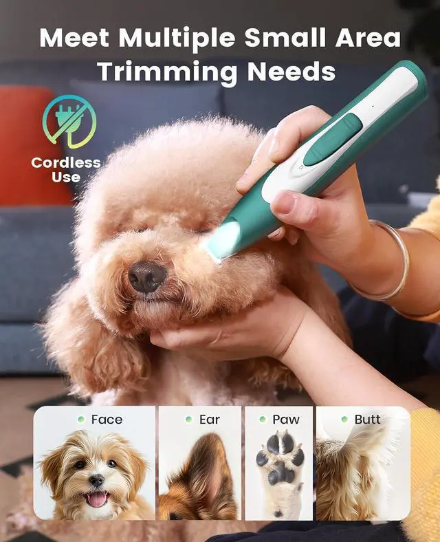 Alt view image 5 of 7 - Low-Noise Dog Paw Trimmer with LED Light (Green) | 35dB Quiet, 0.8inch Safe Blade for Paws, Ears, Face & Rump, Cordless, Pet Paw Grooming Clippers for Dogs & Cats