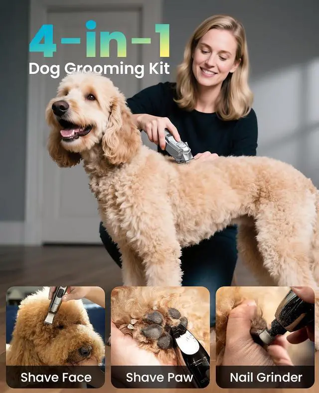 Alt view image 3 of 7 - Dog Clippers for Grooming Thick/Matted Hair, 4-in-1 Grooming Kit | Detachable Stainless Steel Blade, Powerful Motor, IPX6 Waterproof, Low Noise, Paw Trimmer and Nail Grinder, 9 Guide Combs